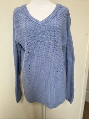 Alya Soft V-Neck Knit Cotton BlendSweater in Dusty Blue W Cross Ties In Back